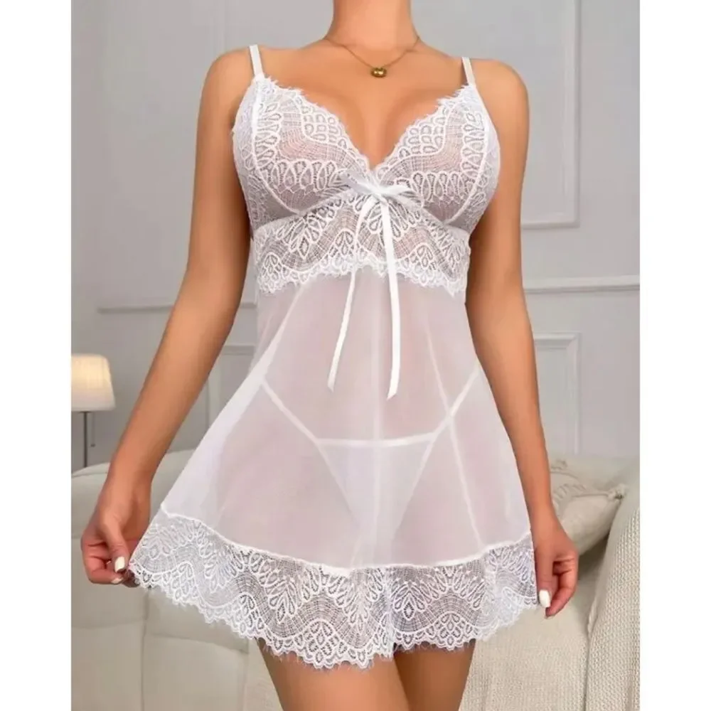 Women Sexy Lingerie Lace Strap Chemise Babydoll Mini Dress Nightdress Underwear